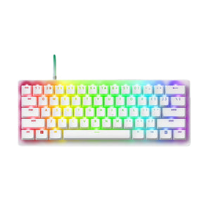 White Razer Huntsman V3 Pro Mini gaming keyboard with full RGB lighting, showcasing a clean minimalist design. Compact 60% layout with tactile feedback and durable PBT keycaps for professional gamers.