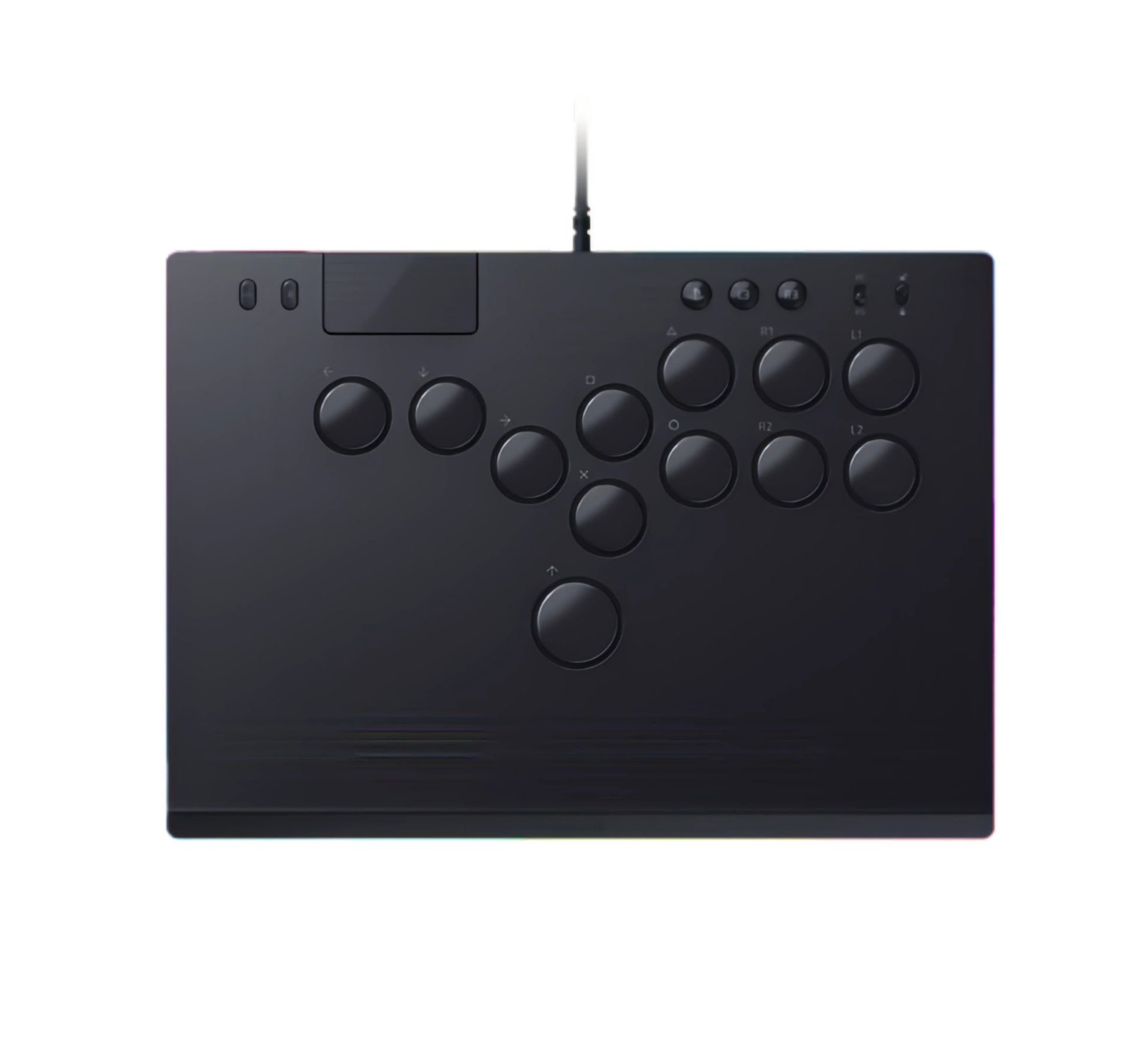 Top-down shot of the matte-black Razer Kitsune arcade pad showing the full button layout, touchpad, and profile switches, isolated on white.