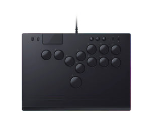Top-down shot of the matte-black Razer Kitsune arcade pad showing the full button layout, touchpad, and profile switches, isolated on white.