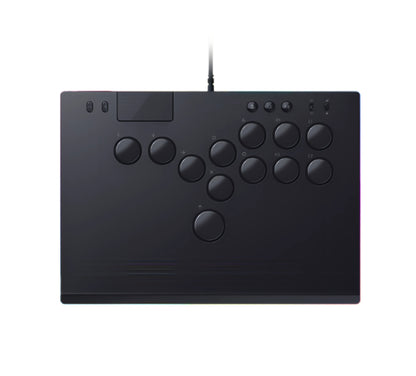 Top-down shot of the matte-black Razer Kitsune arcade pad showing the full button layout, touchpad, and profile switches, isolated on white.