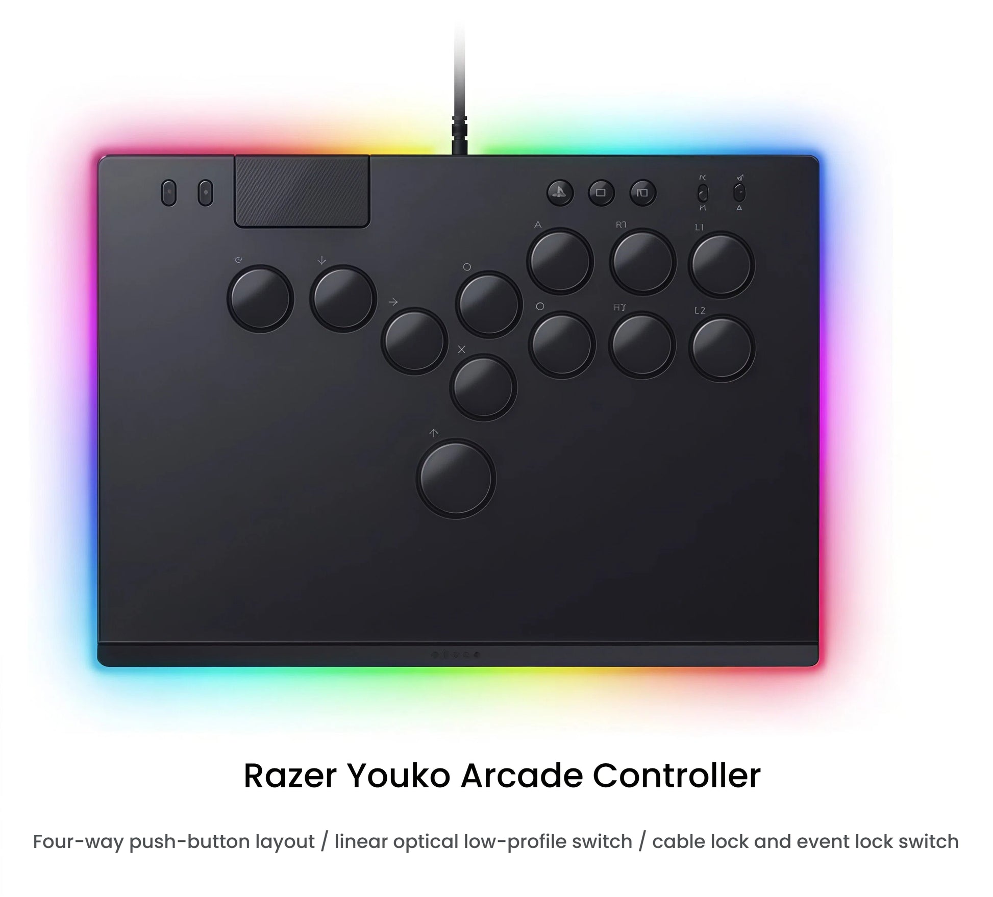 Front view of the Razer Kitsune illuminated by a full-spectrum Chroma RGB glow, showcasing customizable lighting zones around the edges.