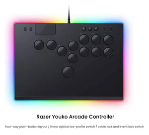 Front view of the Razer Kitsune illuminated by a full-spectrum Chroma RGB glow, showcasing customizable lighting zones around the edges.