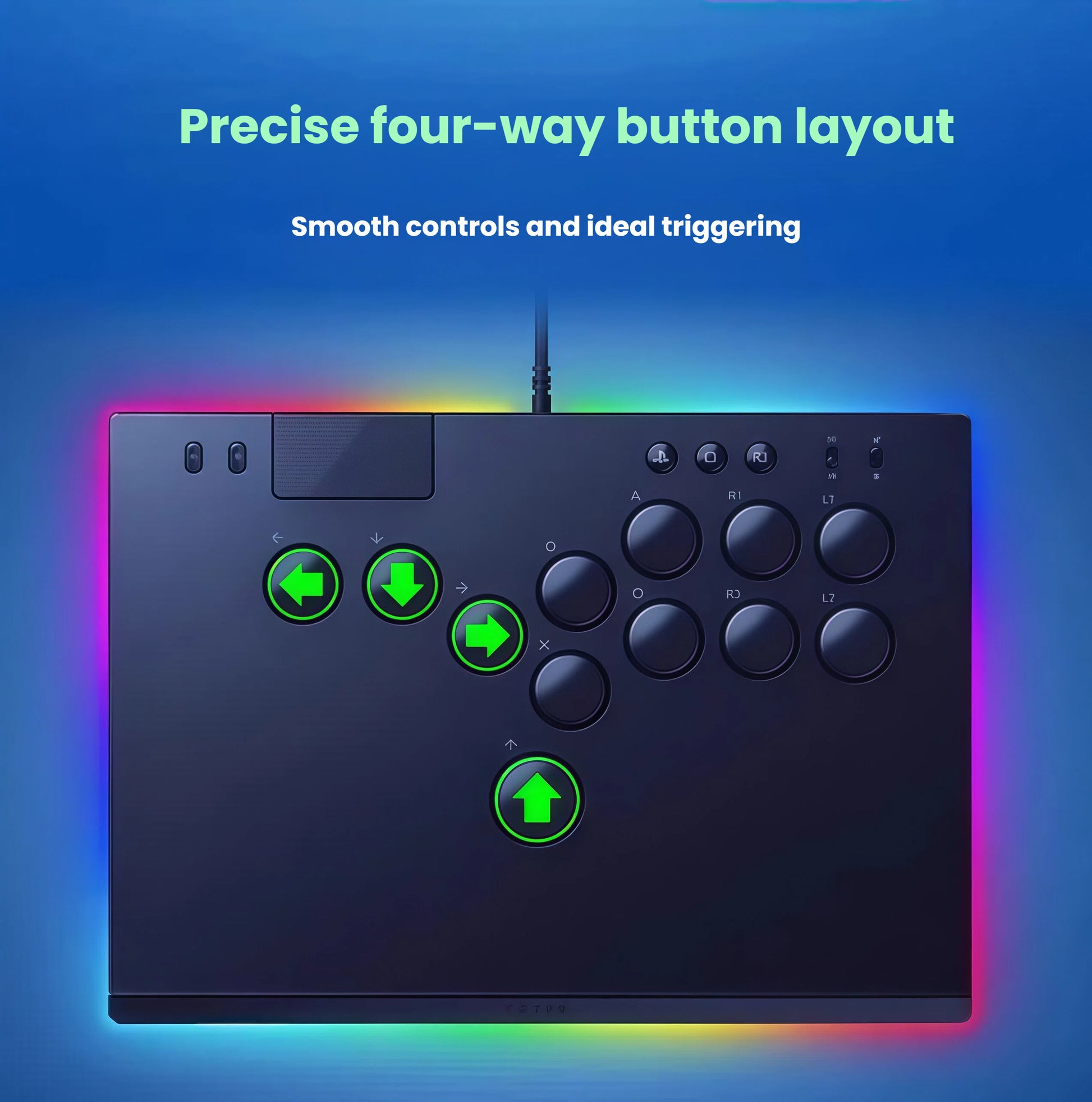 Overhead view of the controller with green directional arrows overlaid on the WASD-style buttons, illustrating the joystick-free, tournament-grade layout.
