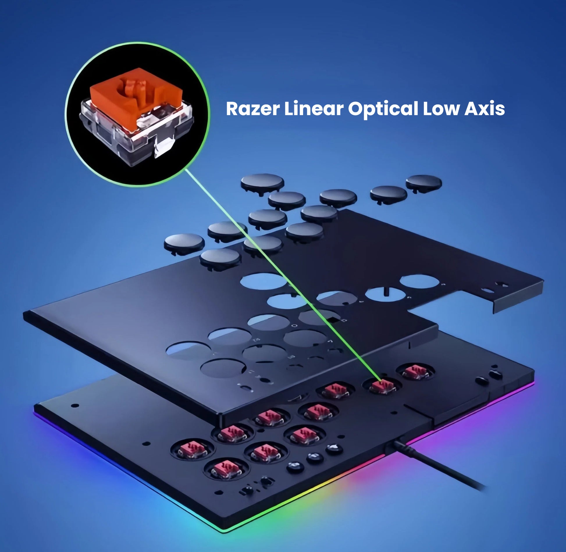 Exploded diagram highlighting the Razer Linear Optical Low-Profile switches beneath the keycaps, emphasizing ultra-fast actuation and durability