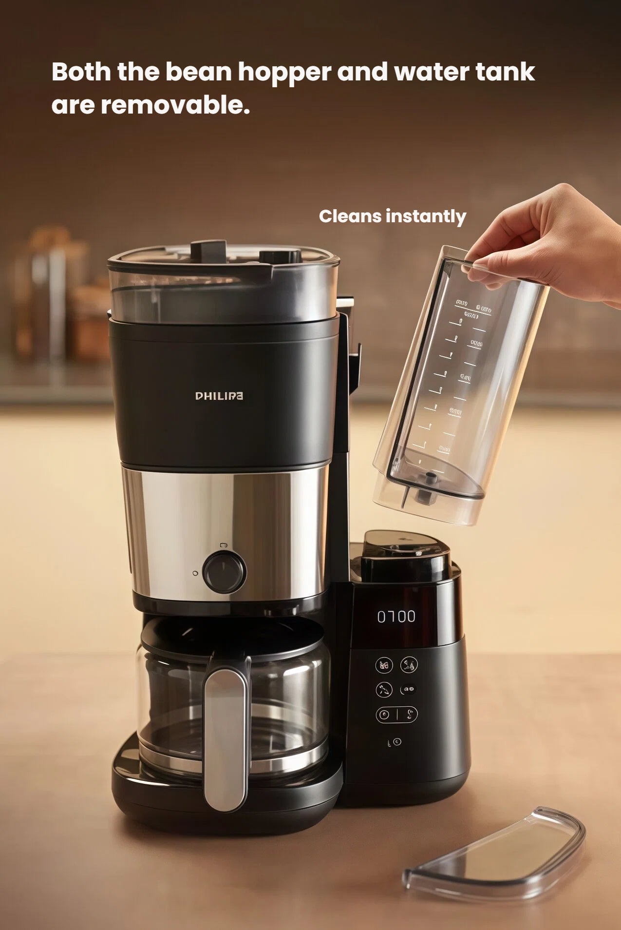 Philips HD7900 coffee machine with its bean hopper and water tank removed, demonstrating easy cleaning and maintenance