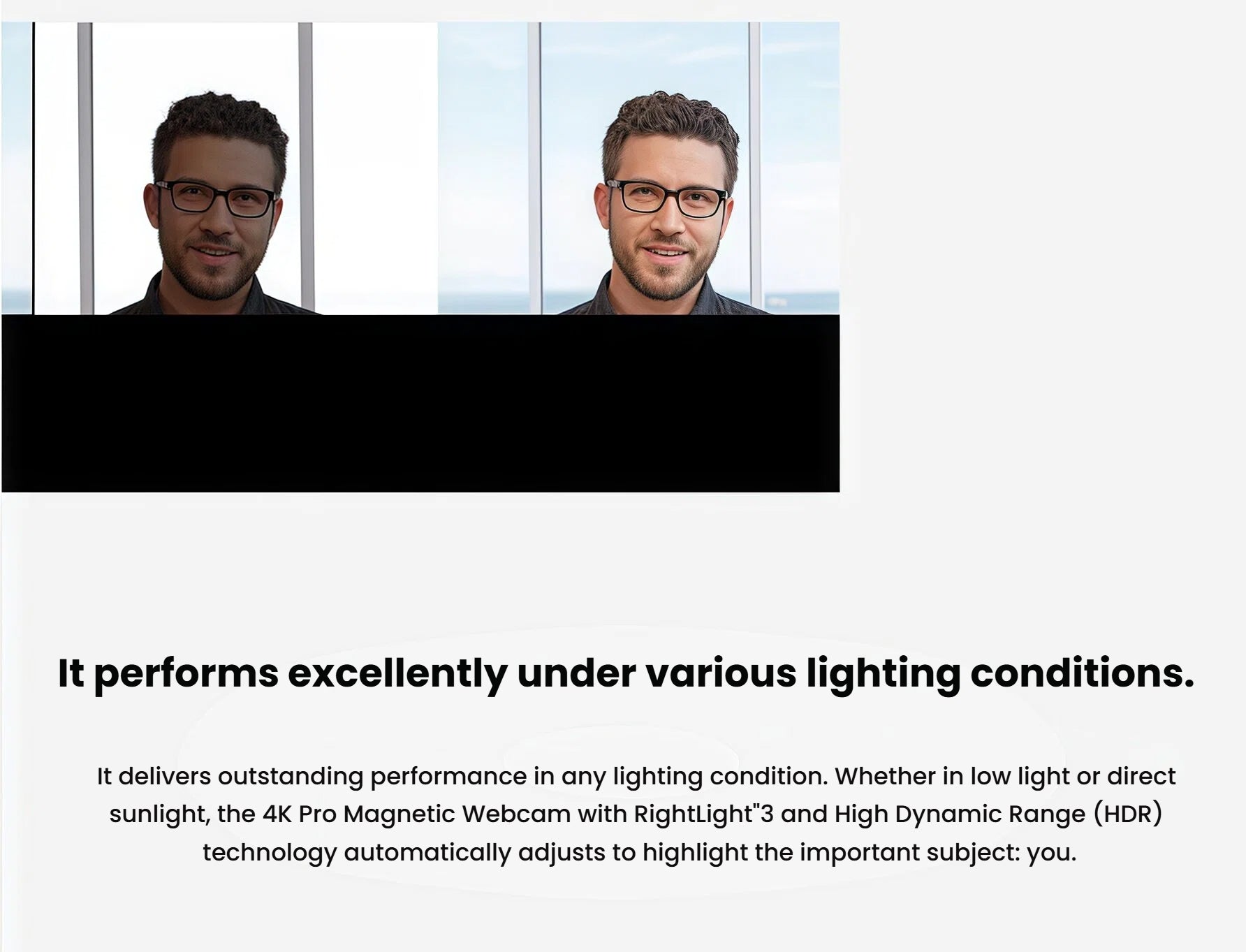 Split-screen comparison of a man’s face in backlit and well-lit conditions, demonstrating the 4K Pro Magnetic Webcam’s automatic light correction and HDR performance.
