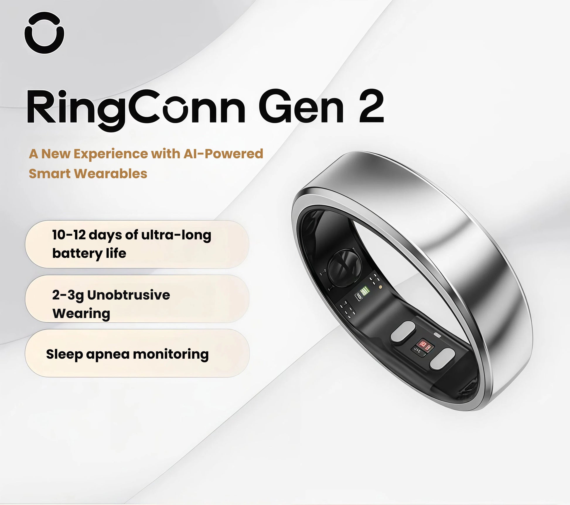 Promotional banner featuring the silver RingConn Gen 2 ring and key selling points: 10-12-day battery, 2-3 g weight, and AI-powered sleep-apnea monitoring.