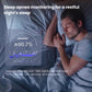 Man sleeping peacefully with RingConn Gen 2 on his finger; overlay shows ≥90.7 % sleep-apnea detection accuracy and detailed REM, light, deep sleep, heart-rate, HRV and SpO₂ graphs.