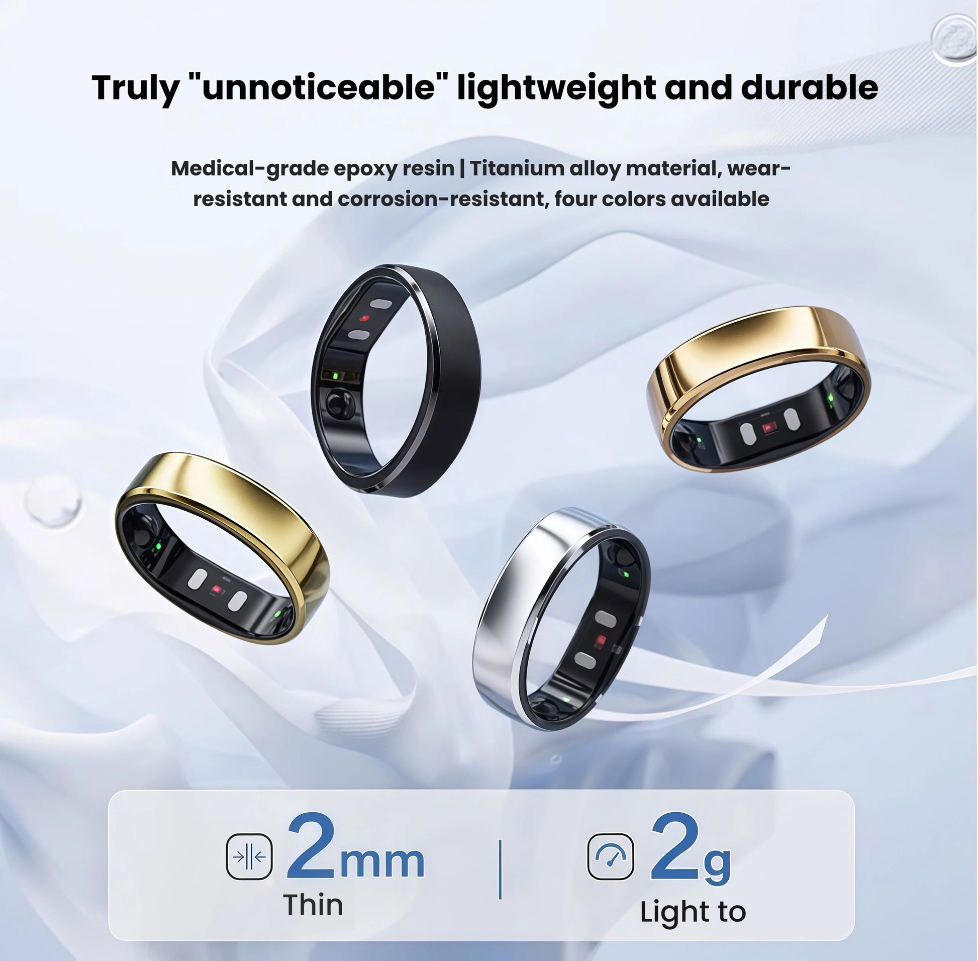 Four RingConn Gen 2 rings (black, silver, gold, brushed gold) floating above soft fabric, emphasizing 2 mm thin and 2 g lightweight construction.