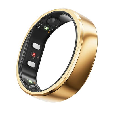 Detailed shot of the brushed gold RingConn Gen 2 ring’s sensor array, emphasizing 2 mm thickness and 2 g weight.