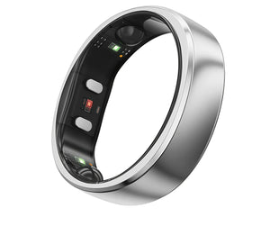 Close-up of the silver RingConn Gen 2 ring’s inner surface, revealing green and red optical sensors and titanium alloy shell.