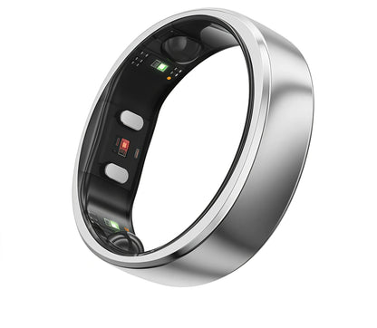 Close-up of the silver RingConn Gen 2 ring’s inner surface, revealing green and red optical sensors and titanium alloy shell.