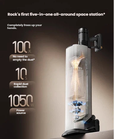 A detailed view of the Roborock five-in-one space station, highlighting its 10-second rapid dust collection and a large dust bag that holds up to 100 days of debris for hands-free maintenance.