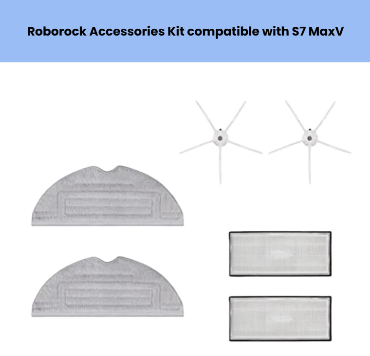 Essential upkeep kit for Roborock S7 MaxV robot vacuum, containing 2 white side brushes, 2 washable microfiber mop pads, and 2 high-efficiency HEPA filters for quick, hassle-free maintenance.