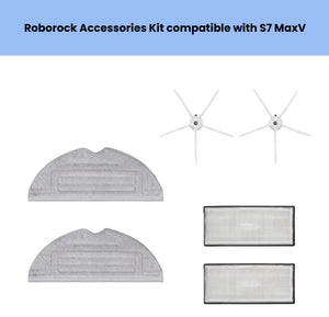 Essential upkeep kit for Roborock S7 MaxV robot vacuum, containing 2 white side brushes, 2 washable microfiber mop pads, and 2 high-efficiency HEPA filters for quick, hassle-free maintenance.