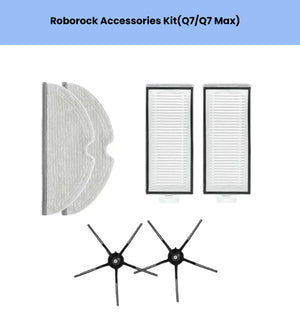 Spare parts bundle for Roborock Q7 / Q7 Max, featuring 2 black 6-arm side brushes, 2 HEPA filters, and 2 reusable mop pads to restore optimal cleaning performance.