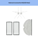 Essential maintenance kit for Roborock Q7 and Q7 Max robot vacuums, containing 2 white 6-arm side brushes, 2 high-efficiency HEPA filters, and 2 washable microfiber mop pads for quick, hassle-free upkeep.