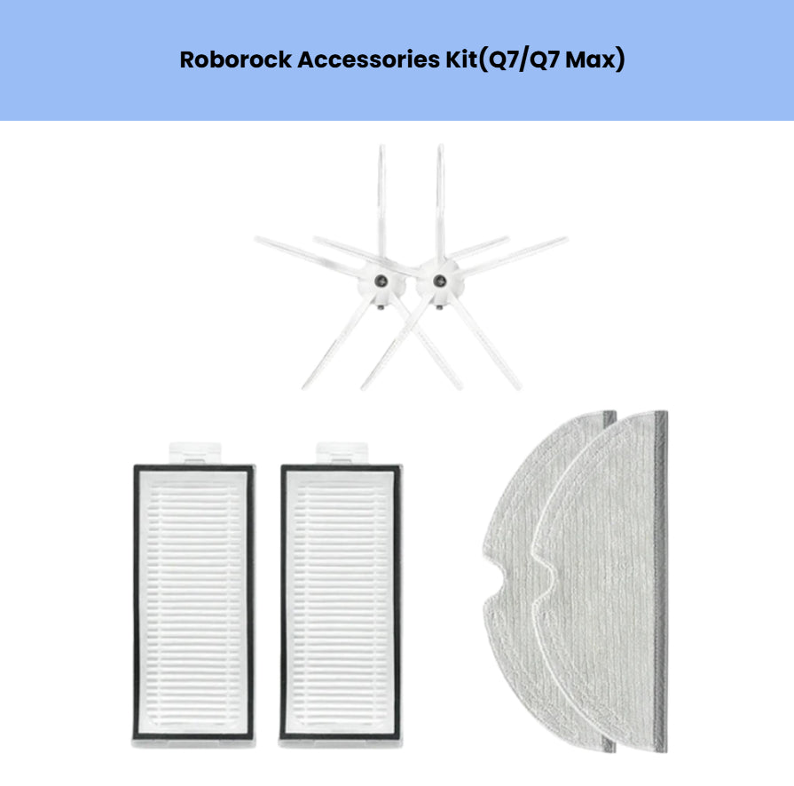 Essential maintenance kit for Roborock Q7 and Q7 Max robot vacuums, containing 2 white 6-arm side brushes, 2 high-efficiency HEPA filters, and 2 washable microfiber mop pads for quick, hassle-free upkeep.