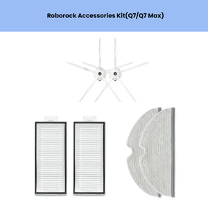 Essential maintenance kit for Roborock Q7 and Q7 Max robot vacuums, containing 2 white 6-arm side brushes, 2 high-efficiency HEPA filters, and 2 washable microfiber mop pads for quick, hassle-free upkeep.