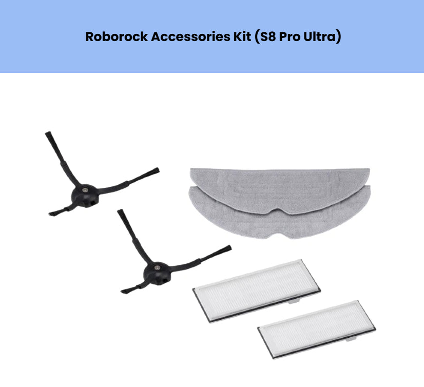 Essential upkeep kit for Roborock S8 Pro Ultra robot vacuum, containing 2 side brushes, 2 microfiber mop pads, and 2 high-efficiency HEPA filters for quick, hassle-free maintenance.
