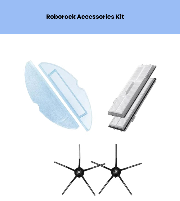 Essential upkeep kit for Roborock S7 MaxV Ultra robot vacuum, containing 2 black 6-arm side brushes, 2 washable mop pads, and 2 HEPA filters for quick, hassle-free maintenance.