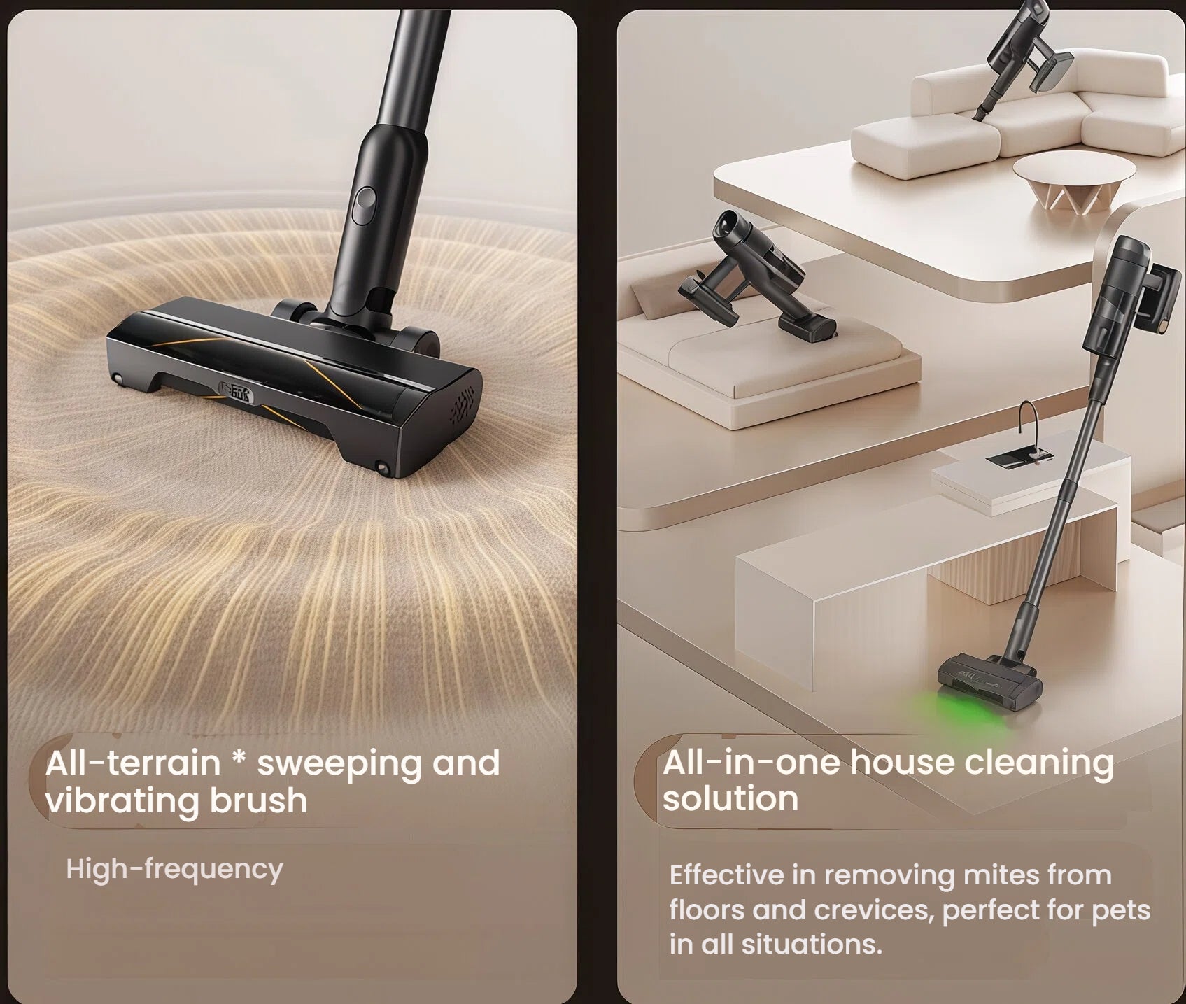 A split image showing the Roborock vacuum's all-terrain vibrating brush deep cleaning a plush carpet, alongside its use with various attachments for an all-in-one house cleaning solution.