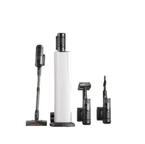 The complete Roborock cordless vacuum cleaning system, including the main stick vacuum, the self-emptying and charging station, the electric mini-brush for mites, and a crevice tool.