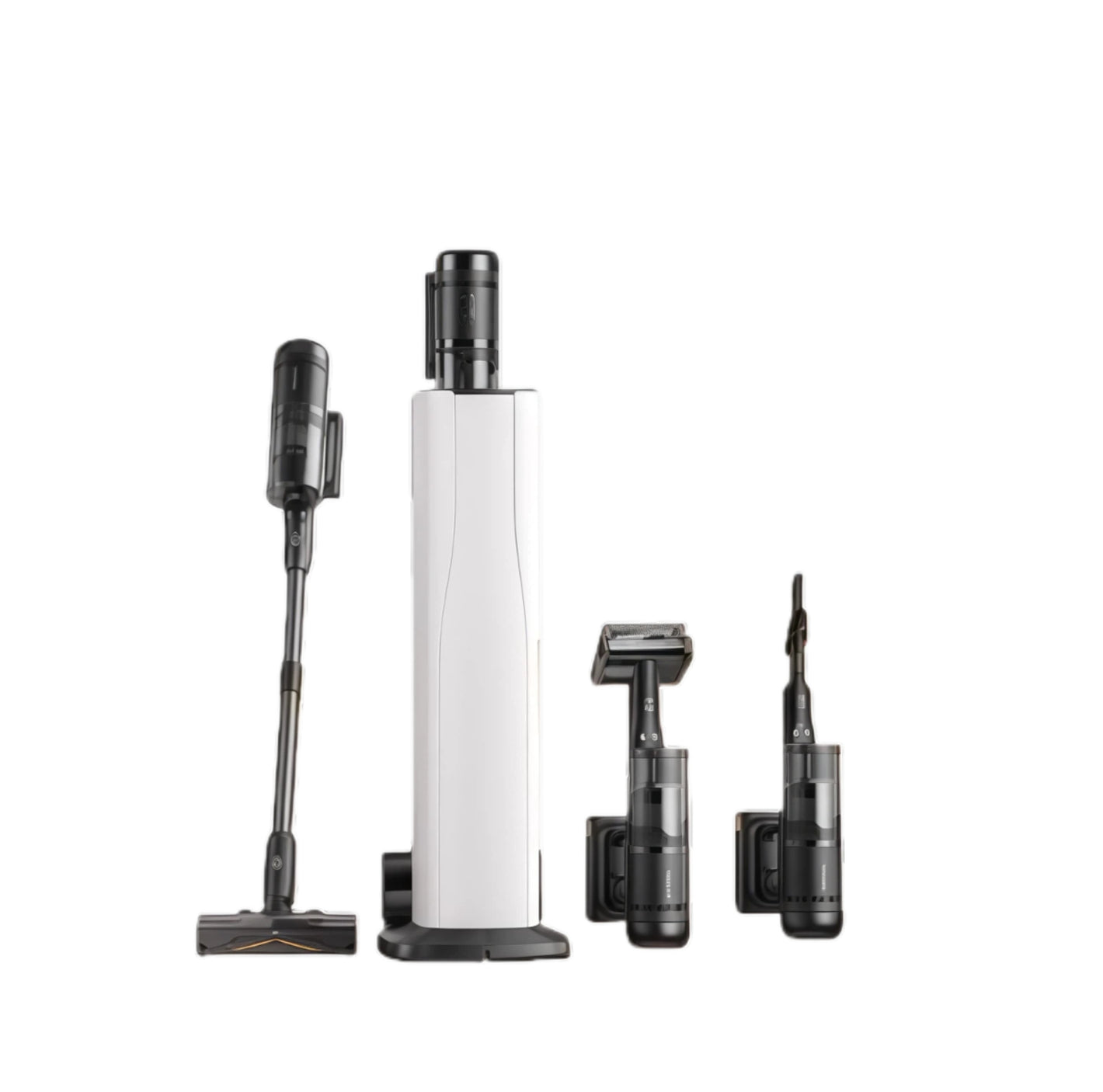 The complete Roborock cordless vacuum cleaning system, including the main stick vacuum, the self-emptying and charging station, the electric mini-brush for mites, and a crevice tool.