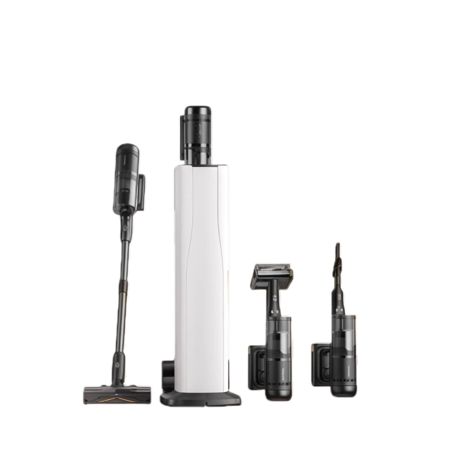 The complete Roborock cordless vacuum cleaning system, including the main stick vacuum, the self-emptying and charging station, the electric mini-brush for mites, and a crevice tool.