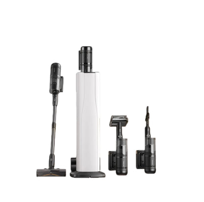 The complete Roborock cordless vacuum cleaning system, including the main stick vacuum, the self-emptying and charging station, the electric mini-brush for mites, and a crevice tool.