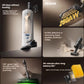 A collage of the Roborock stick vacuum's key features: 100 days of hands-free cleaning with the auto-empty dock, powerful 280AW suction, green light dust detection, 90-minute battery life, and effective mite removal.