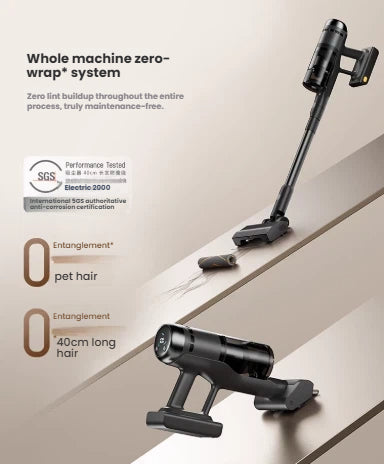 An illustration of the Roborock vacuum's whole-machine zero-wrap system, which prevents both pet hair and long hair from tangling on the brush roll for maintenance-free cleaning.