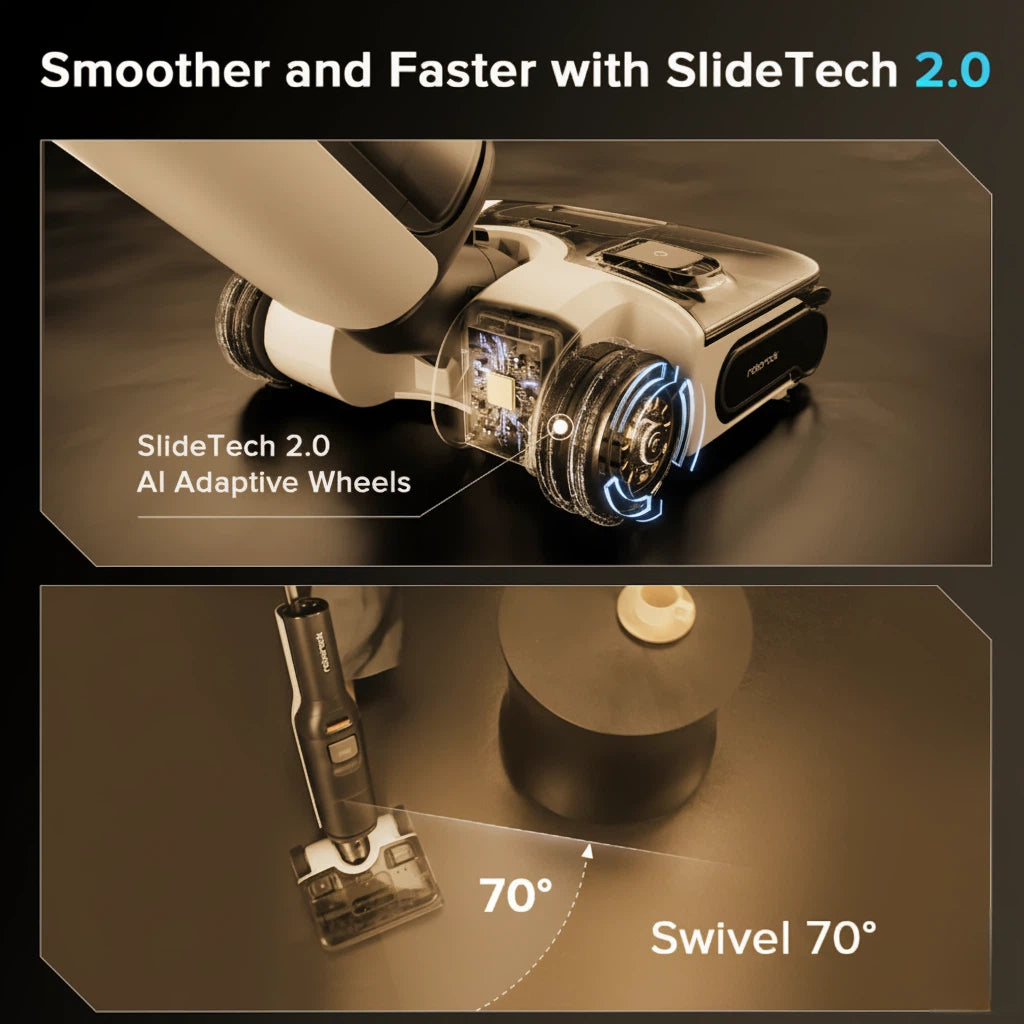 The Roborock F25 ACE on its charging dock, highlighting its automated features: 194°F high-temperature self-cleaning, 5-minute flash hot air drying, and triple edge cleaning with an auto dispenser