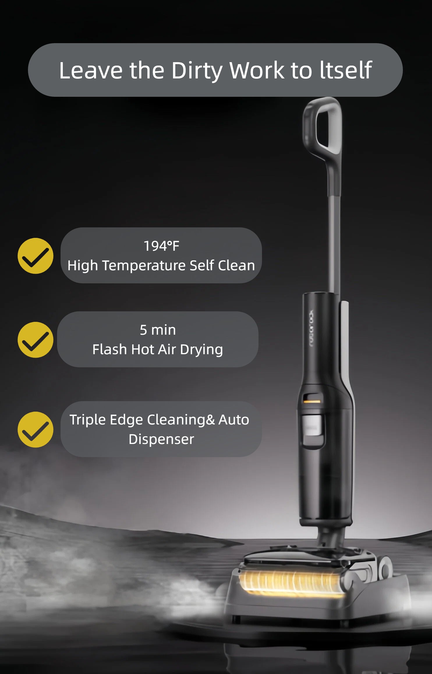 The Roborock F25 ACE on its charging dock, highlighting its automated features: 194°F high-temperature self-cleaning, 5-minute flash hot air drying, and triple edge cleaning with an auto dispenser.