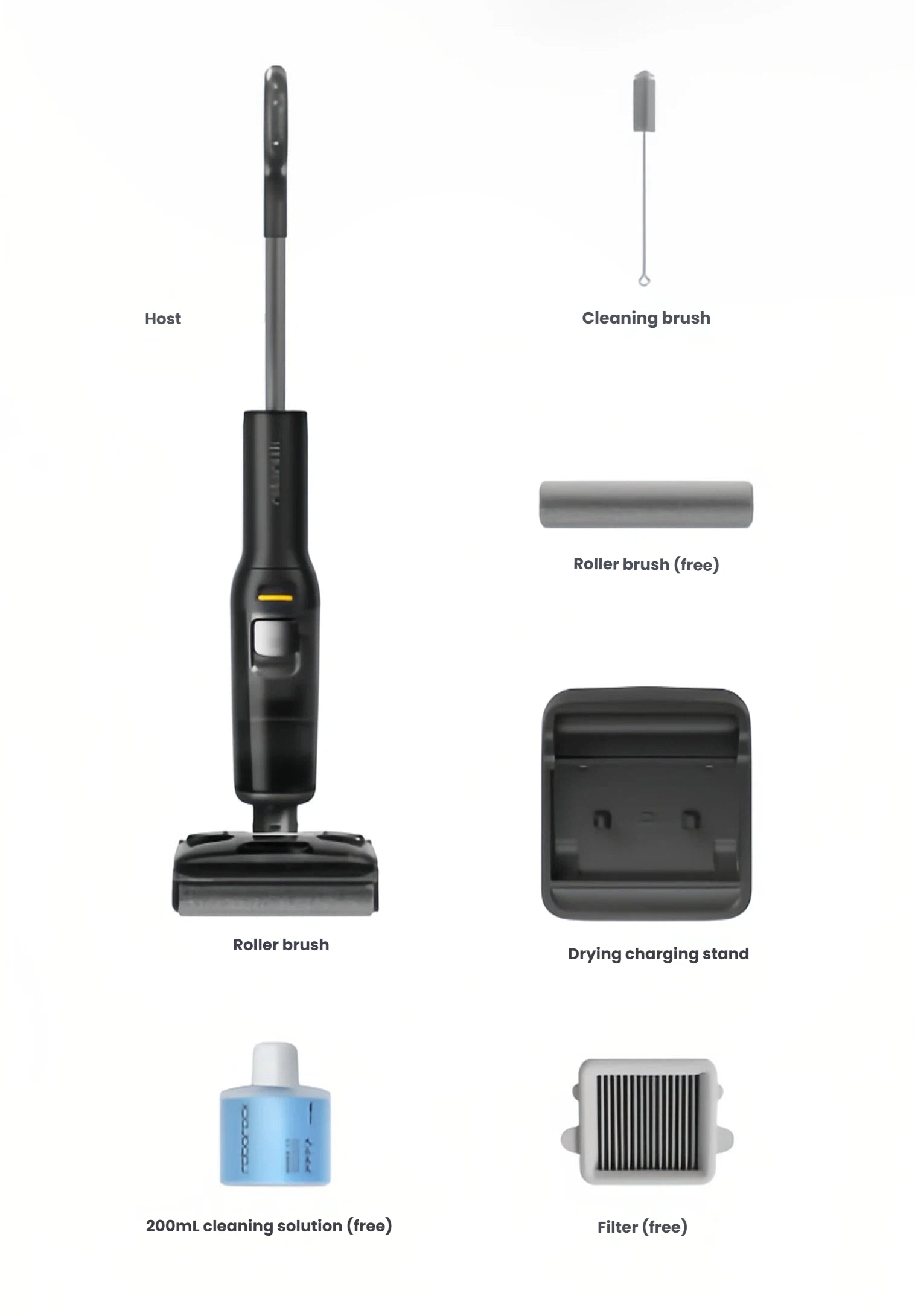 A complete overview of the Roborock F25 ACE package contents, including the main host, cleaning brush, a free roller brush, drying charging stand, a 200mL bottle of cleaning solution, and a free filter.