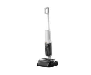 The Roborock F25 RT cordless wet dry vacuum and mop in a white and black finish, standing upright on its compact self-cleaning and charging station.