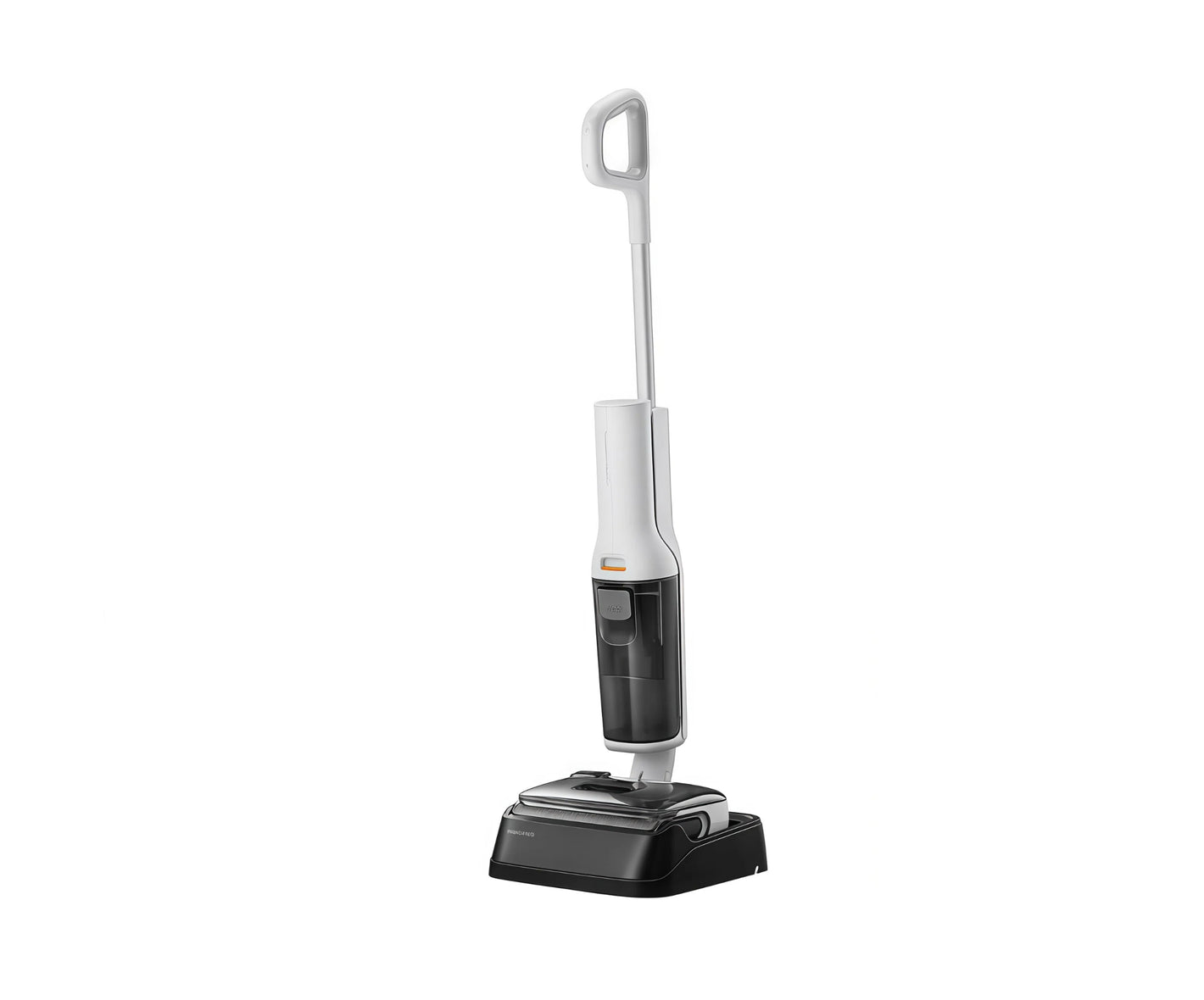 The Roborock F25 RT cordless wet dry vacuum and mop in a white and black finish, standing upright on its compact self-cleaning and charging station.