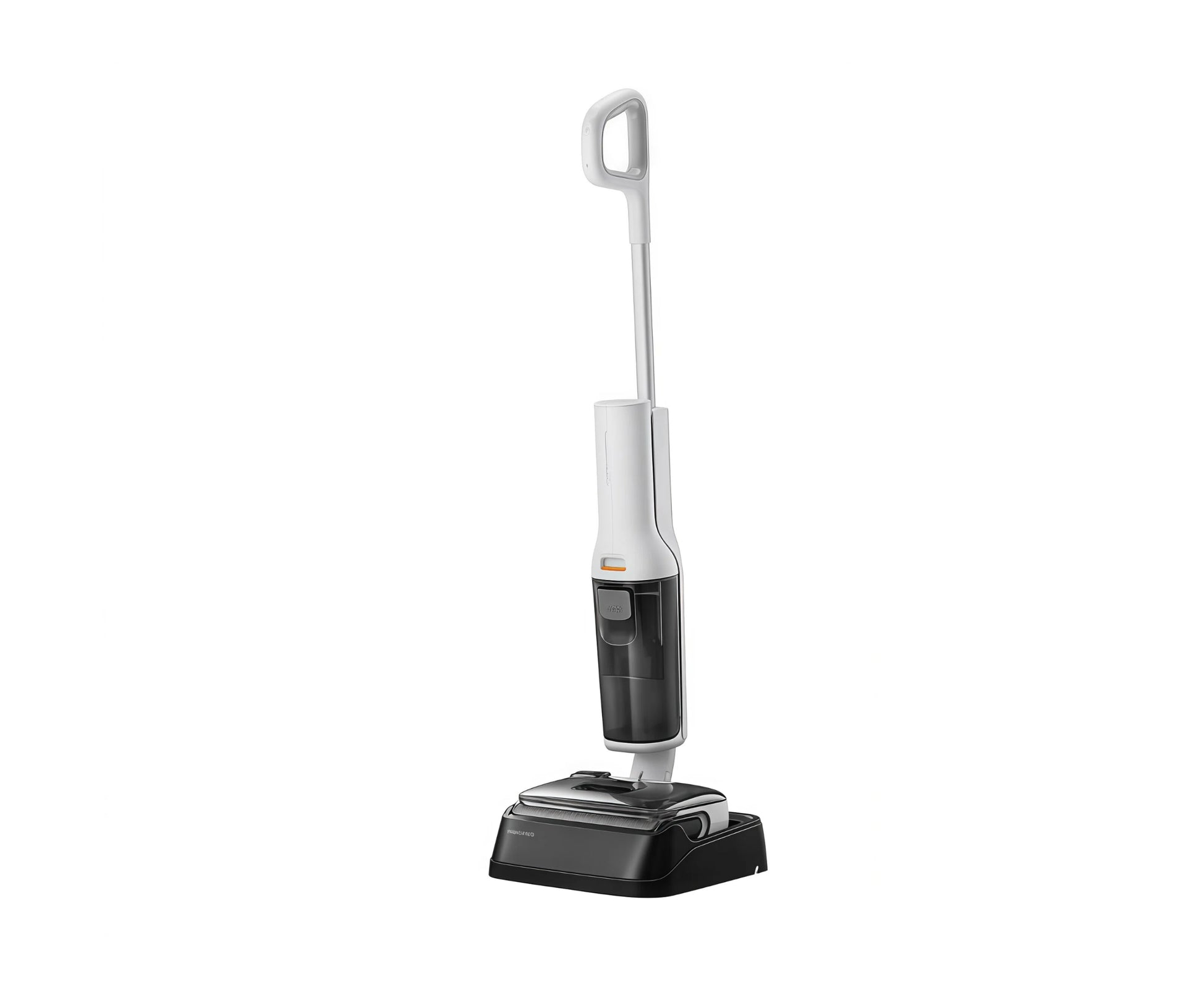 The Roborock F25 RT cordless wet dry vacuum and mop in a white and black finish, standing upright on its compact self-cleaning and charging station.