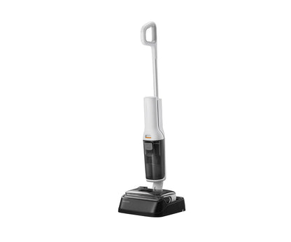 The Roborock F25 RT cordless wet dry vacuum and mop in a white and black finish, standing upright on its compact self-cleaning and charging station.