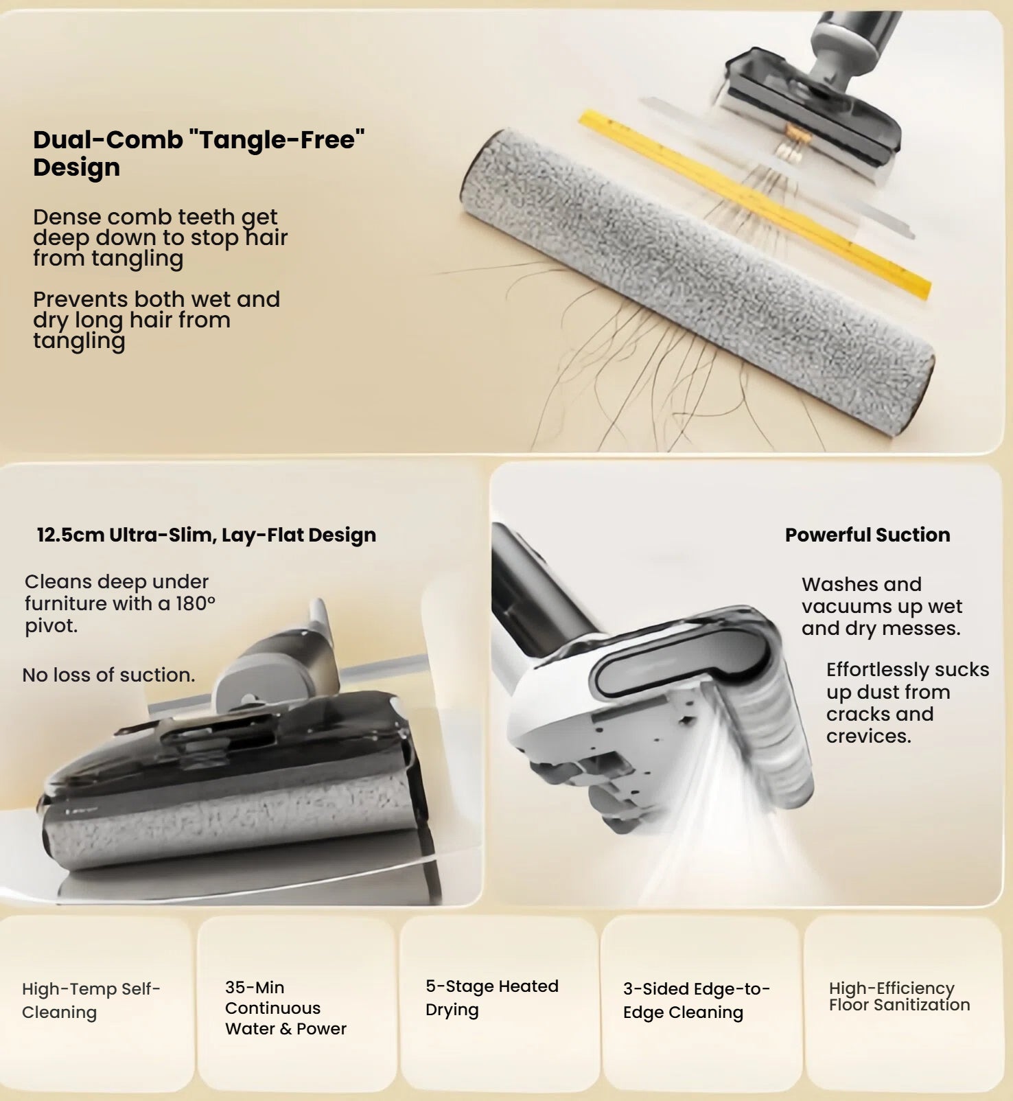 A features overview of the Roborock F25 RT, showcasing its Dual-Comb Tangle-Free design, the 12.5cm ultra-slim lay-flat capability, powerful suction, and icons for self-cleaning and edge-to-edge cleaning
