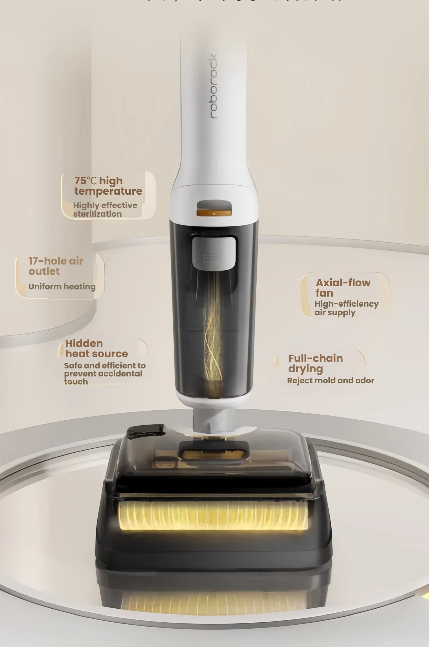 An illustration of the Roborock F25 RT's advanced self-drying system, highlighting the 75°C high-temperature sterilization, 17-hole air outlet, and full-chain drying to prevent mold and odors