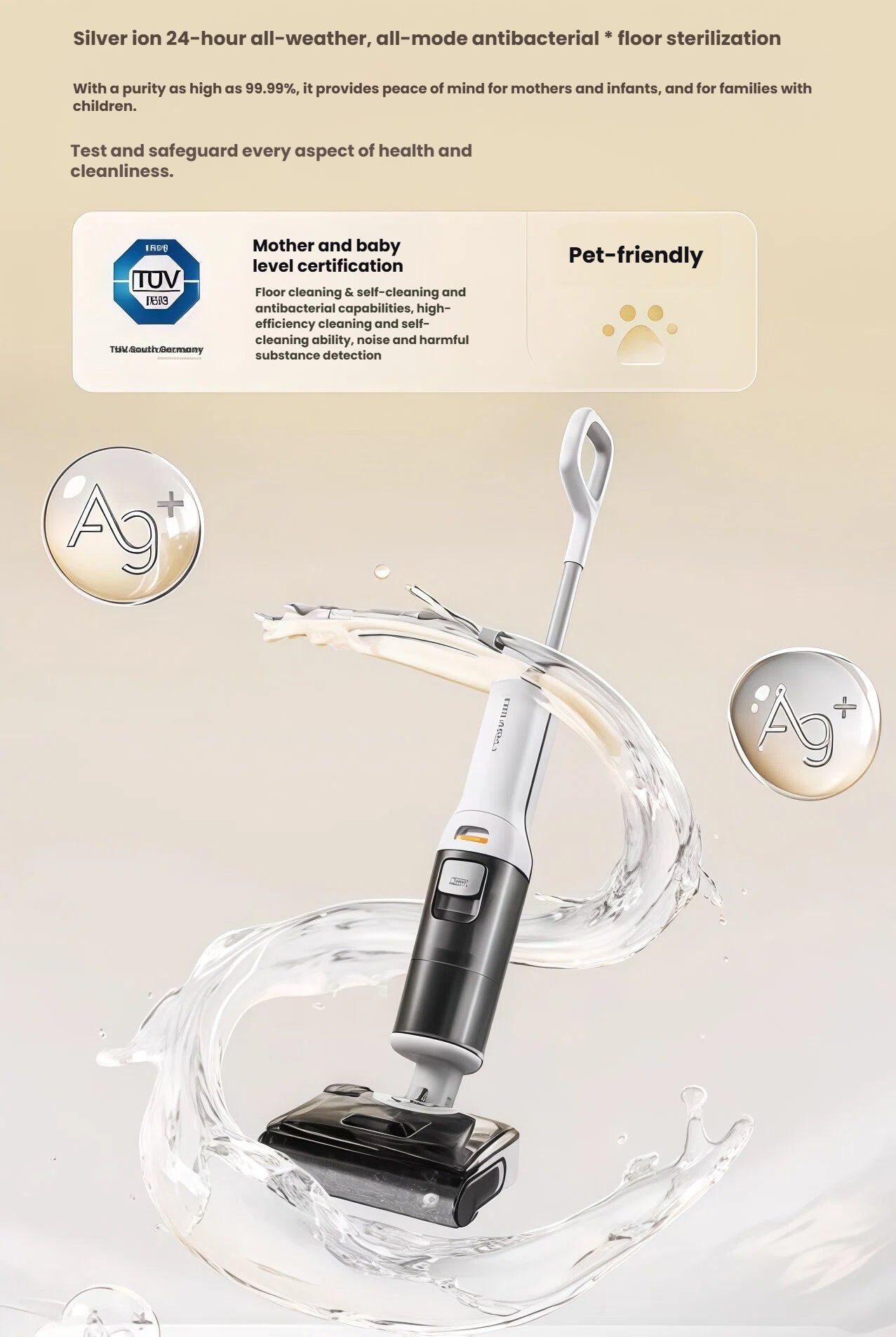 The Roborock F25 RT vacuum shown in a clean water splash, highlighting its 24-hour Silver Ion antibacterial floor sterilization, TUV Mother and Baby level certification, and pet-friendly design.