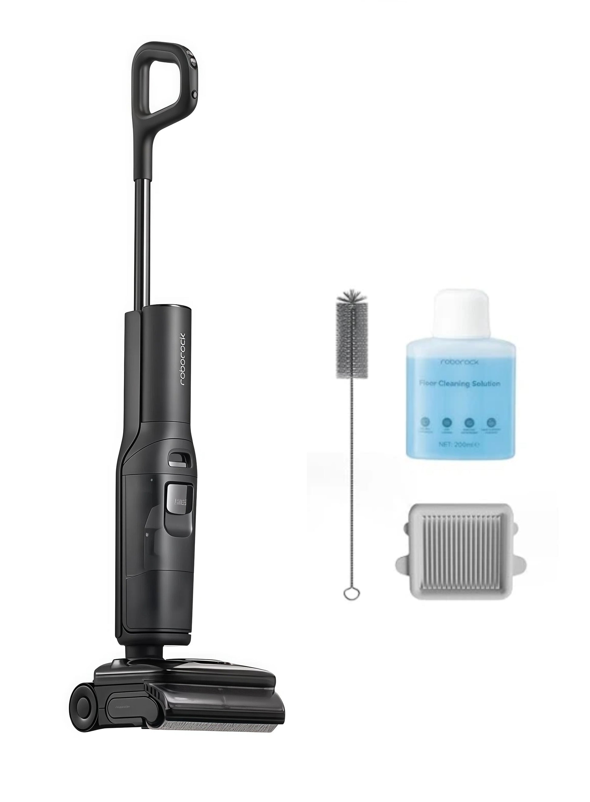 The Roborock F25 Ultra floor scrubber displayed with its standard accessories, including a cleaning brush, a 200ml bottle of Roborock floor cleaning solution, and a replaceable filter.