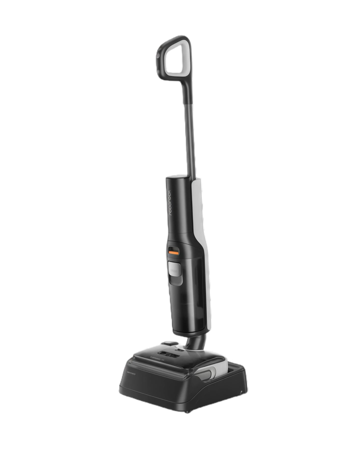 A studio shot of the black and white Roborock F25 wet and dry vacuum standing upright on its charging and drying dock against a plain white background