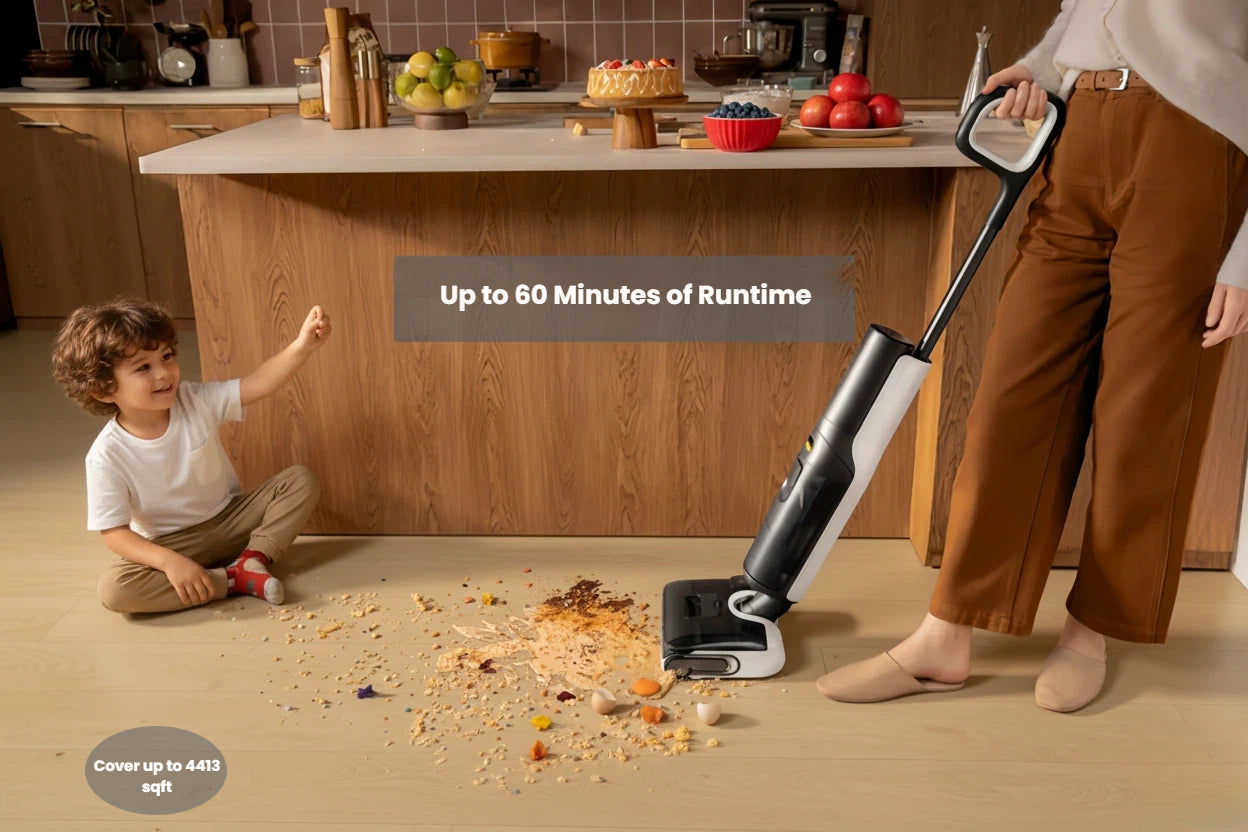 A woman using the Roborock F25 to clean a kitchen mess while a child sits nearby, illustrating its long battery life of up to 60 minutes and its ability to cover up to 4413 square feet on one charge.