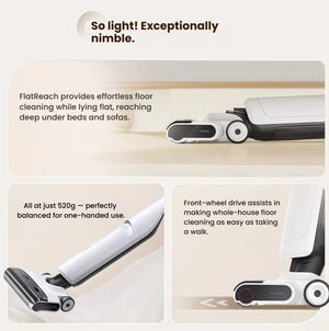 A collage showcasing the Roborock Flexi Lite's key features: FlatReach for cleaning under beds, a lightweight body for one-handed use, and front-wheel drive for effortless cleaning.