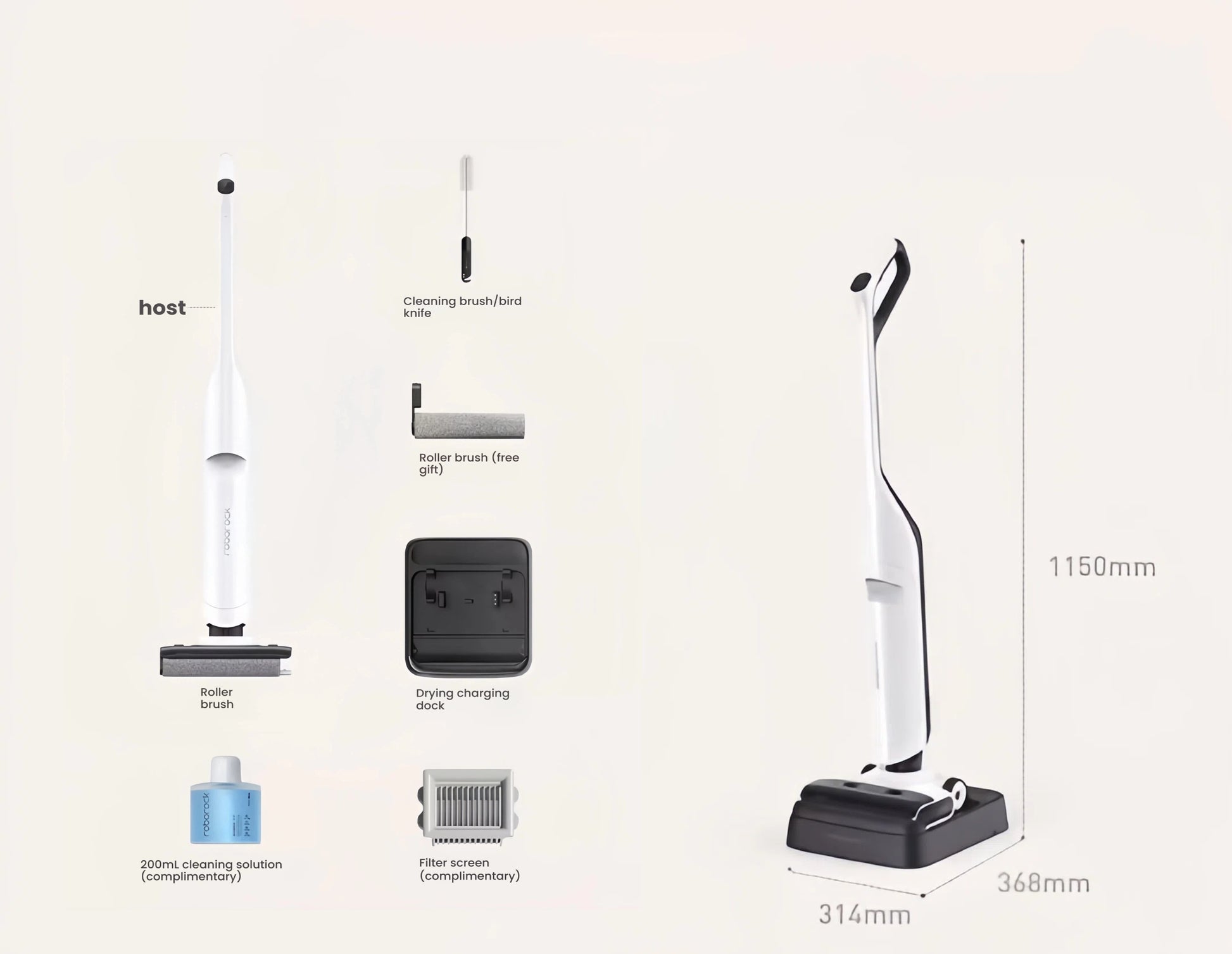 A complete overview of the Roborock Flexi Lite package, showing the main vacuum, charging dock, extra roller brush, filter, cleaning tool, cleaning solution, and product dimensions.