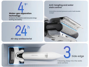 An infographic detailing the Roborock Flexi Pro's advanced cleaning technology, including its water-gas separation, 24-hour antibacterial properties, anti-tangle scraper, and 3-sided edge-to-edge cleaning