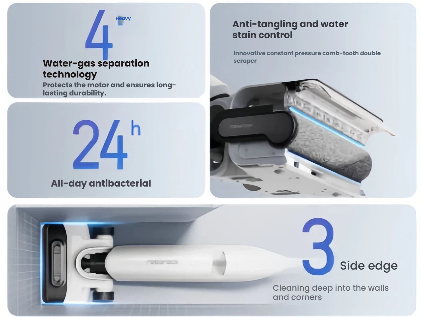 An infographic detailing the Roborock Flexi Pro's advanced cleaning technology, including its water-gas separation, 24-hour antibacterial properties, anti-tangle scraper, and 3-sided edge-to-edge cleaning