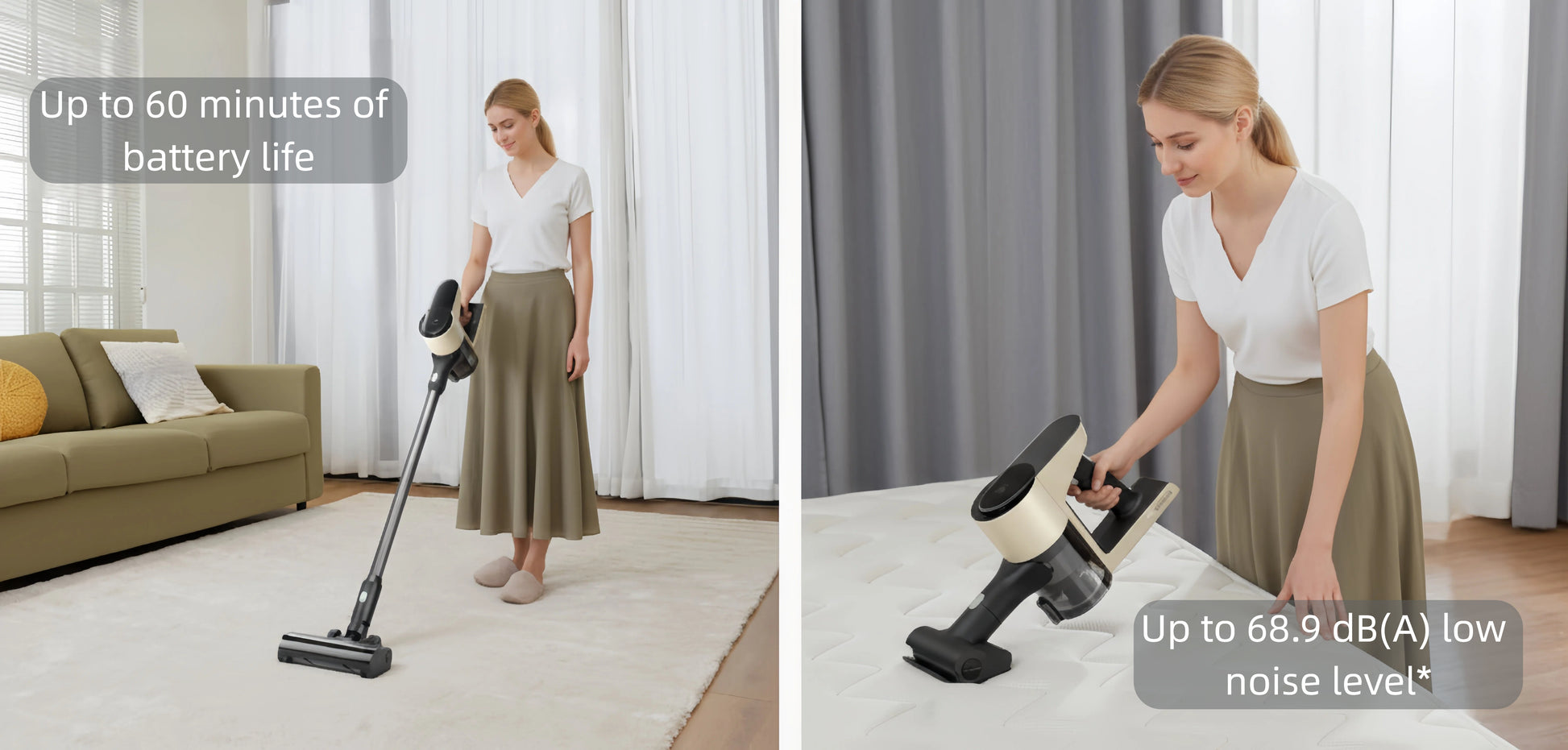 A two-panel image demonstrating the Roborock H5's user-friendly features. The left shows a woman cleaning a living room, highlighting the up to 60 minutes of battery life. The right shows her cleaning a mattress, emphasizing the low noise level of 68.9 dB.